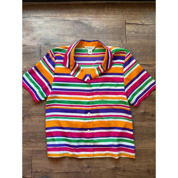 Intiutions‎ Womens Multicolored Striped Short Sleeve Button Up Shirt Size Medium - Picture 3 of 4